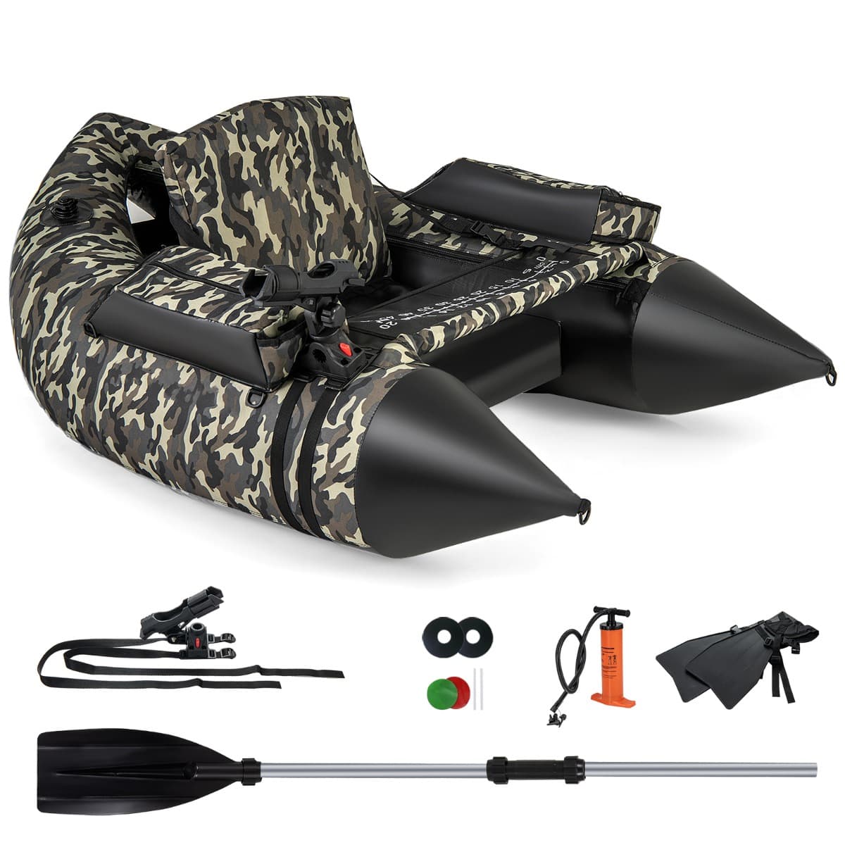 CostwayBateau de Pêche Gonflable avec Dossier Pagaie&Règle à Poisson Support de Canne Poches de Rangement Palmes 150 KG Camouflage